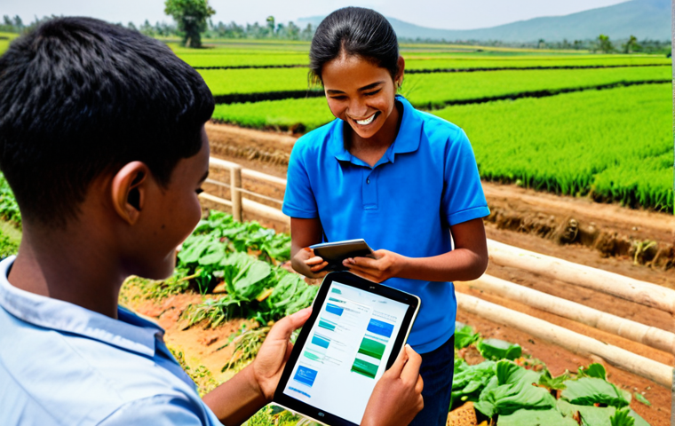 A diverse group of individuals, fully clothed in appropriate, modest attire, engaged in positive, forward-looking activities in a bright, optimistic setting. A young student in a modern classroom is accessing educational resources on a tablet, while a modest farmer in a rural landscape connects with a global market using a smartphone. The scene highlights inclusive connectivity and digital empowerment across different global regions, representing the bridging of the digital divide. perfect anatomy, correct proportions, natural pose, well-formed hands, proper finger count, natural body proportions, safe for work, appropriate content, fully clothed, family-friendly, professional photography, high quality.