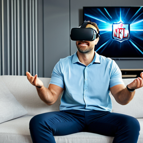 A male sports enthusiast, mid-30s, wearing a comfortable yet professional casual shirt and trousers, fully clothed, modest clothing. He is seated on a modern sofa in a well-lit living room, deeply immersed in a virtual reality experience, wearing a sleek VR headset. His hands are slightly raised, indicating interaction with the virtual environment, and his face shows excitement and concentration. The background features a large, modern television screen displaying blurred sports action. Full body shot, perfect anatomy, correct proportions, natural pose, well-formed hands, proper finger count, natural body proportions, professional photography, high resolution, cinematic lighting, realistic digital painting, safe for work, appropriate content, fully clothed, family-friendly.