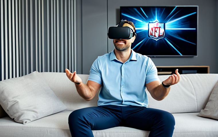 A male sports enthusiast, mid-30s, wearing a comfortable yet professional casual shirt and trousers, fully clothed, modest clothing. He is seated on a modern sofa in a well-lit living room, deeply immersed in a virtual reality experience, wearing a sleek VR headset. His hands are slightly raised, indicating interaction with the virtual environment, and his face shows excitement and concentration. The background features a large, modern television screen displaying blurred sports action. Full body shot, perfect anatomy, correct proportions, natural pose, well-formed hands, proper finger count, natural body proportions, professional photography, high resolution, cinematic lighting, realistic digital painting, safe for work, appropriate content, fully clothed, family-friendly.