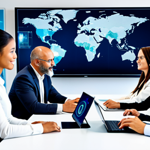 A diverse group of professional individuals from various global locations, fully clothed in modest business attire, engaging in a cutting-edge virtual meeting. They are connected through a seamless digital interface, displaying real-time data flows and subtle network lines illustrating global connectivity. The environment is a clean, modern workspace with bright, professional lighting, emphasizing collaboration and technological advancement. safe for work, appropriate content, fully clothed, professional dress, perfect anatomy, correct proportions, natural pose, well-formed hands, proper finger count, natural body proportions, high quality, concept art.