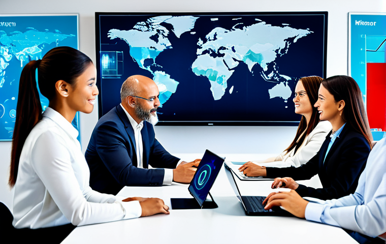 A diverse group of professional individuals from various global locations, fully clothed in modest business attire, engaging in a cutting-edge virtual meeting. They are connected through a seamless digital interface, displaying real-time data flows and subtle network lines illustrating global connectivity. The environment is a clean, modern workspace with bright, professional lighting, emphasizing collaboration and technological advancement. safe for work, appropriate content, fully clothed, professional dress, perfect anatomy, correct proportions, natural pose, well-formed hands, proper finger count, natural body proportions, high quality, concept art.
