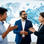 A diverse group of professional engineers and designers from various cultural backgrounds, fully clothed in modern, modest business casual attire, collaboratively engaging in a high-tech innovation lab. They are gathered around a transparent interactive display, showing a complex global network of interconnected digital nodes and data flows, symbolizing seamless cross-cultural communication and shared ideas. The background features subtle indications of different time zones and architectural styles, representing worldwide reach. The image emphasizes perfect anatomy, correct proportions, natural poses, well-formed hands, and proper finger count. Professional photography, high quality, safe for work, appropriate content, family-friendly.