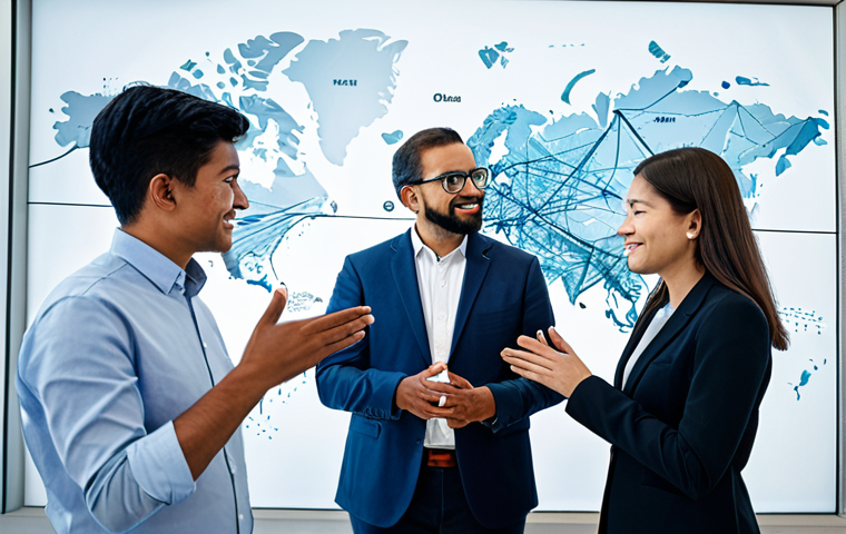 A diverse group of professional engineers and designers from various cultural backgrounds, fully clothed in modern, modest business casual attire, collaboratively engaging in a high-tech innovation lab. They are gathered around a transparent interactive display, showing a complex global network of interconnected digital nodes and data flows, symbolizing seamless cross-cultural communication and shared ideas. The background features subtle indications of different time zones and architectural styles, representing worldwide reach. The image emphasizes perfect anatomy, correct proportions, natural poses, well-formed hands, and proper finger count. Professional photography, high quality, safe for work, appropriate content, family-friendly.