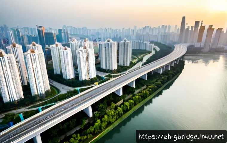 글로벌브릿지와 도시화 - Photorealistic aerial view of a graceful modern bridge spanning a wide river between two rapidly urb...