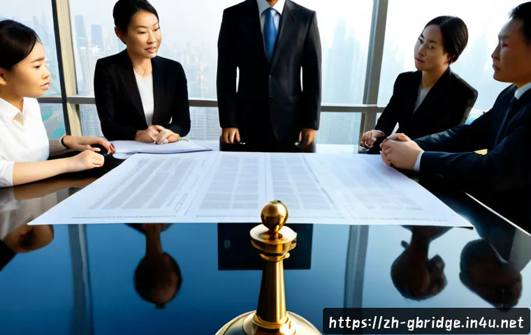 글로벌브릿지의 법적 측면 - Photorealistic international legal consultation in a modern glass conference room, diverse Chinese a...